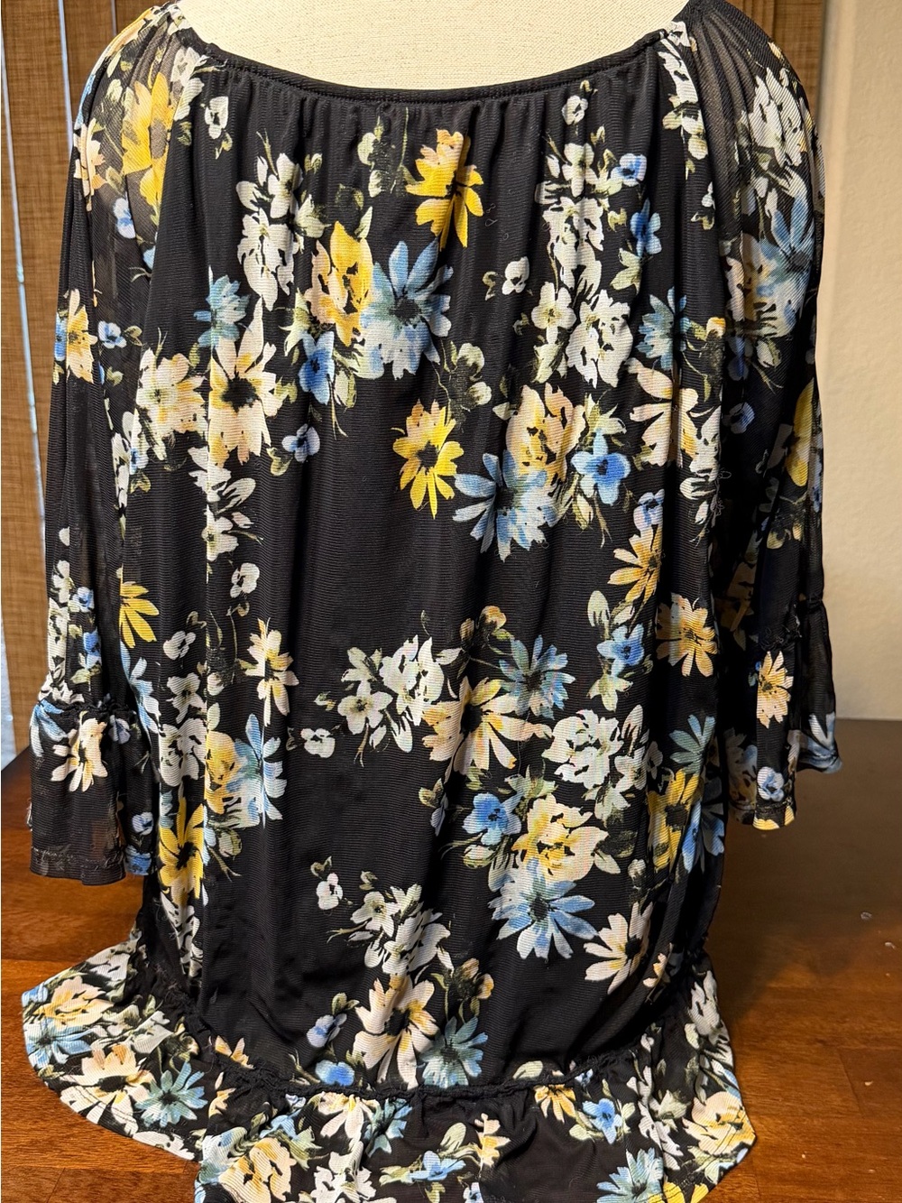 Zac & Rachel Black Floral Blouse with Yellow and Blue Blooms